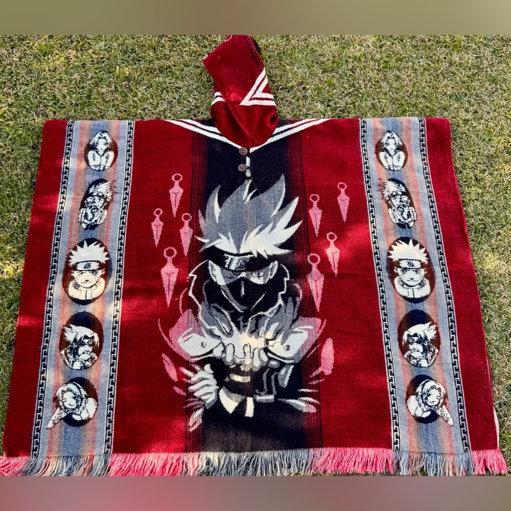 Anime adult size alpaca poncho, unisex , one size, hooded, made in Ecuador.